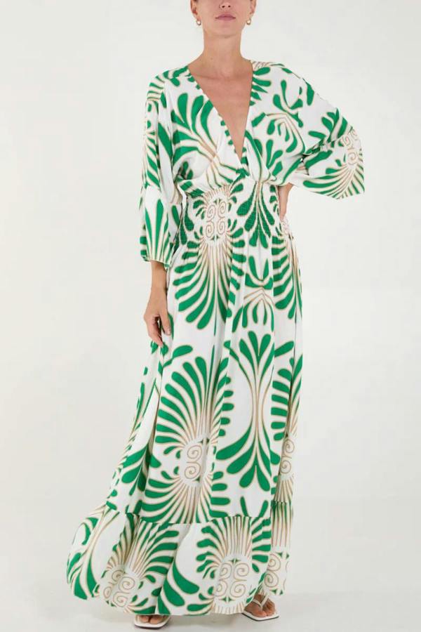 Hoxton Gal Oversized 3/4 Sleeves V Neck Feather Swirl Printed Green Maxi Dress