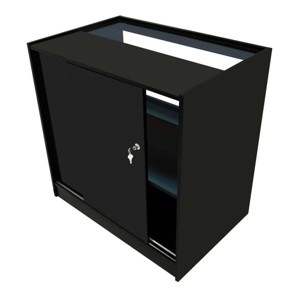 Sleek black Selene LED shop counter set with a glass top, lockable door, and open shelving for display and storage