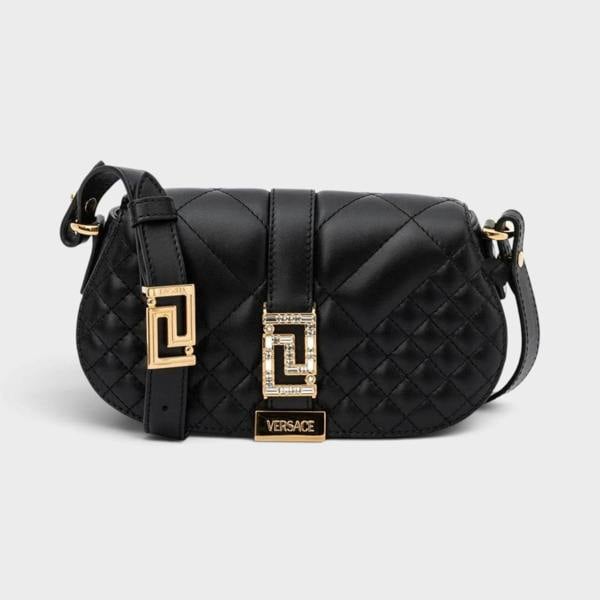 Supplied Fashion Versace black quilted leather shoulder bag with gold Greca motif hardware and adjustable strap.