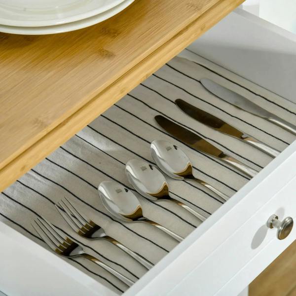 Cutlery drawer insert with utensils inside a white kitchen storage cart