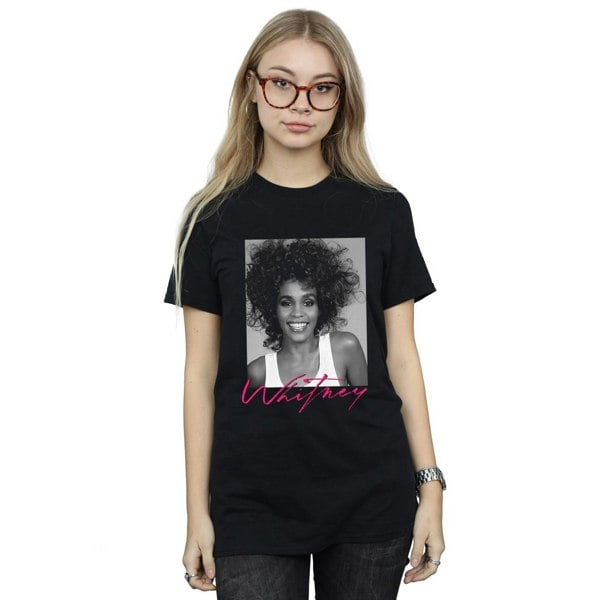 Whitney Houston Womens Smile Photograph Cotton Boyfriend T-Shirt - Black