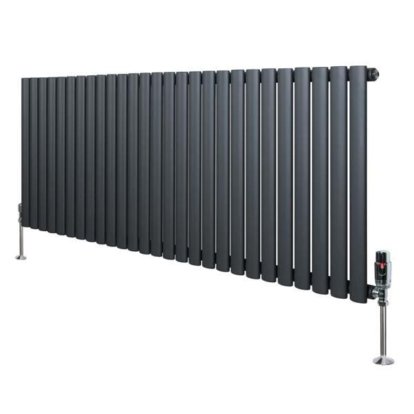 Oval single column radiator in anthracite grey, 600mm x 1620mm, featuring sleek vertical bars and modern valve design