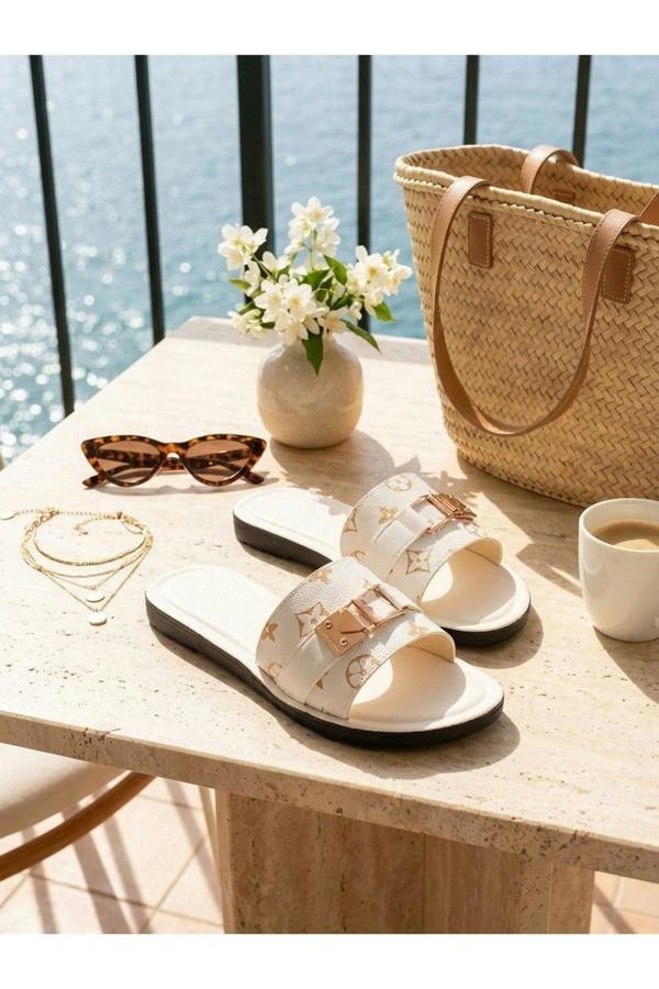 Amber Patterned Slider Sandals - White