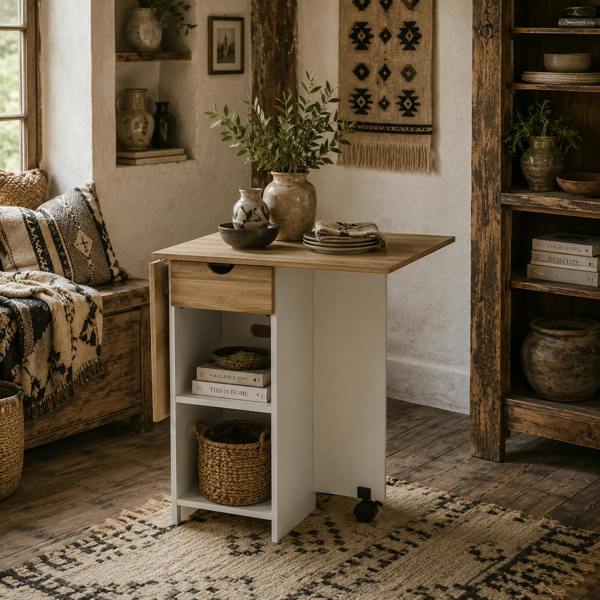 Wyld Haus Coyova Wooden Oak Folding Drop Leaf Dining Table With Drawer And Storage Shelves