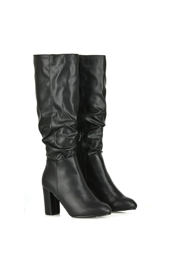 XY LONDON Ruched Zip-up Block Heeled Knee Calf Boots