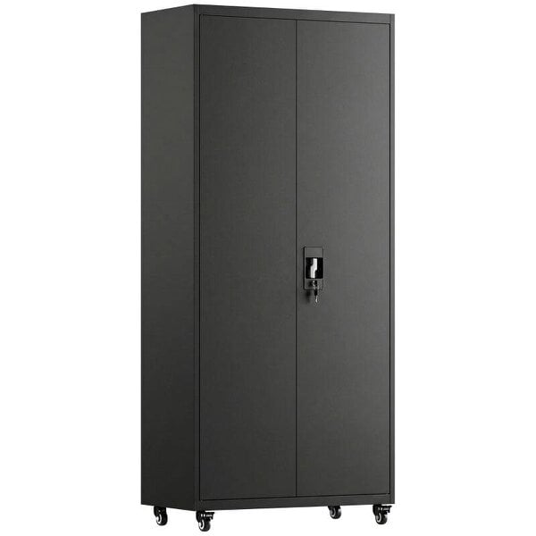 Metal Storage Cabinet, 180 cm Tall Lockable Steel Tool Cabinet with Removable Wheels and Adjustable Shelves, Black