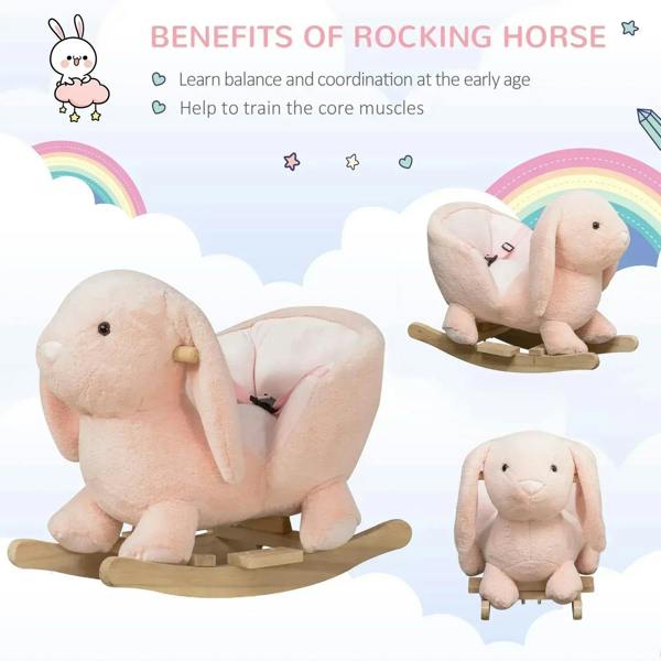 Pink plush rabbit rocking horse ride-on with wooden rockers, shown from multiple angles