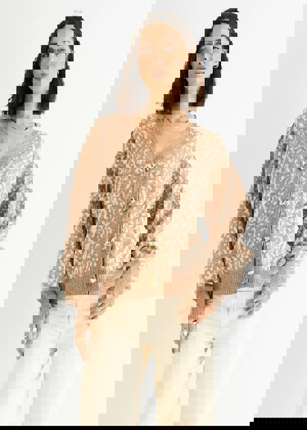 Gini London Camel Animal Print Wool Mix Cardigan Look Jumper