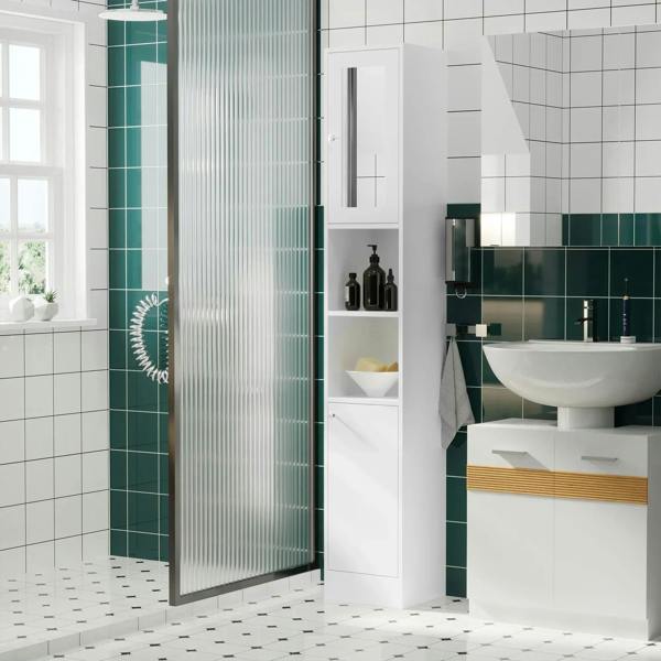 White bathroom cabinet with mirror panel and interior shelves beside a shower glass panel