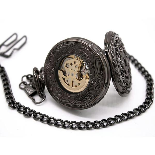 Infinity Leather Vintage Black Alloy Mechanical Skeleton Brass Pocket Watch