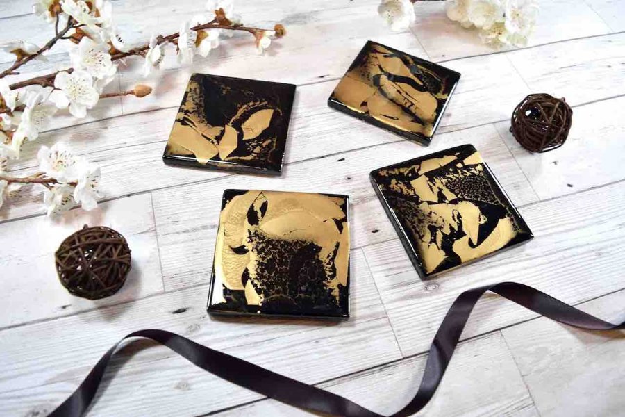 Kate Chesters Art Black Gold Resin Coasters for Drinks Set of 4