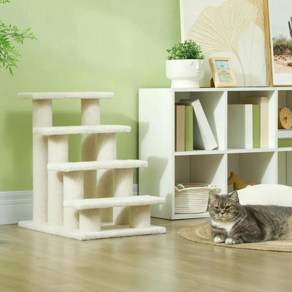 Cream 4-step pet stairs with carpeted platforms and sturdy vertical posts