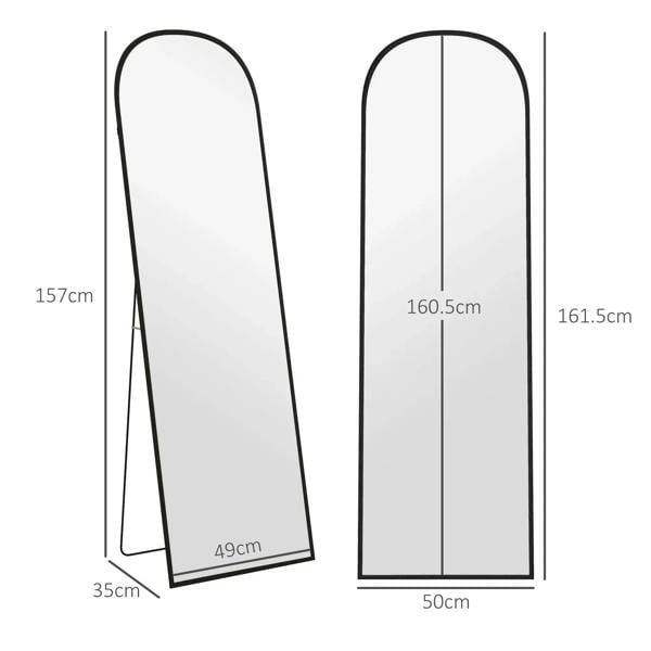 Black framed full-length mirror with arched top and thin standing profile