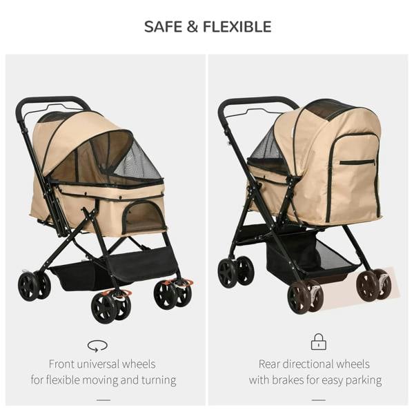 Beige pet stroller with mesh canopy, shown in two views with front and rear wheel control.