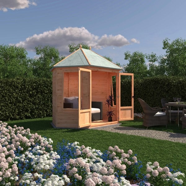 Shire Fleswick Hexagonal Gazebo Summerhouse 8x7 Double doors 12mm Cladding