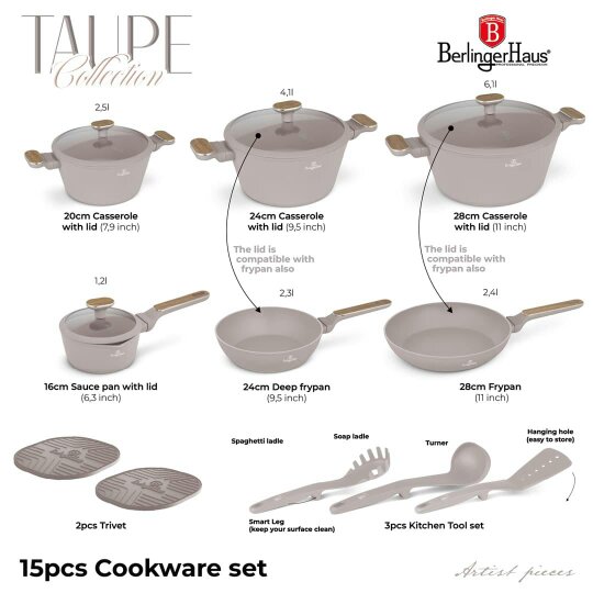 Berlinger Haus BH8344 – 15 Piece Cookware Set | Taupe Nordic