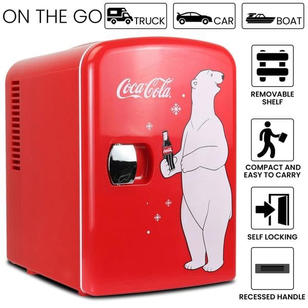 Coca-Cola 4L Mini Fridge 6 Can Portable Cooler & Warmer for Bedroom, Car & Skincare (12V, PB Red)