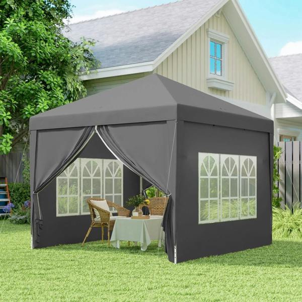 Grey garden pop-up gazebo tent with window panels and curtained entrance