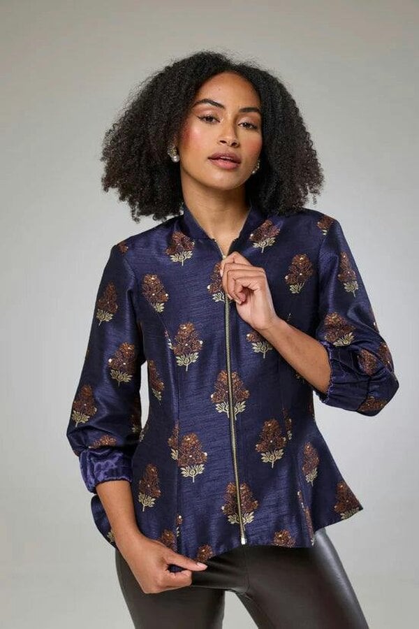 Lioness by TF Auburn Embroidered Raw Silk Fitted Jacket Blouse