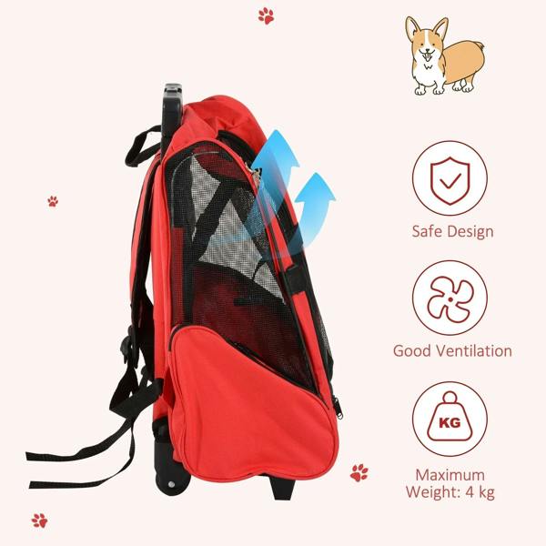 Red pet travel rolling backpack with mesh ventilation panels and safety design features