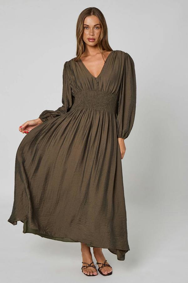 Urban Bliss Khaki Sleeved Elasticated Waist Maxi Dress