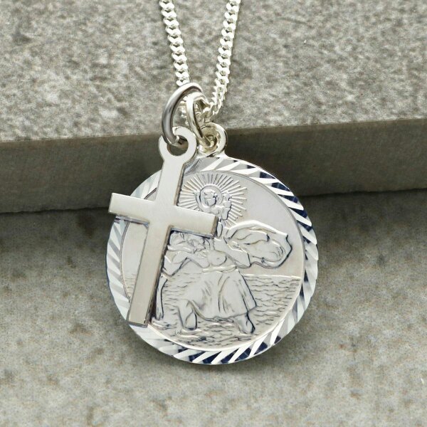 Christopher James of London Sterling Silver Diamond Cut 19mm St Christopher Pendant With Optional Engraving and Chain