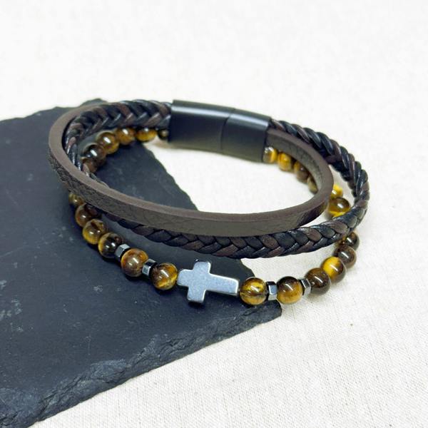 Personalised Men's Dual Tiger's Eye and Leather Cross Bracelet - alternative angle