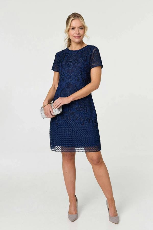 Navy | Sheer Lace Layered Knee Length Dress