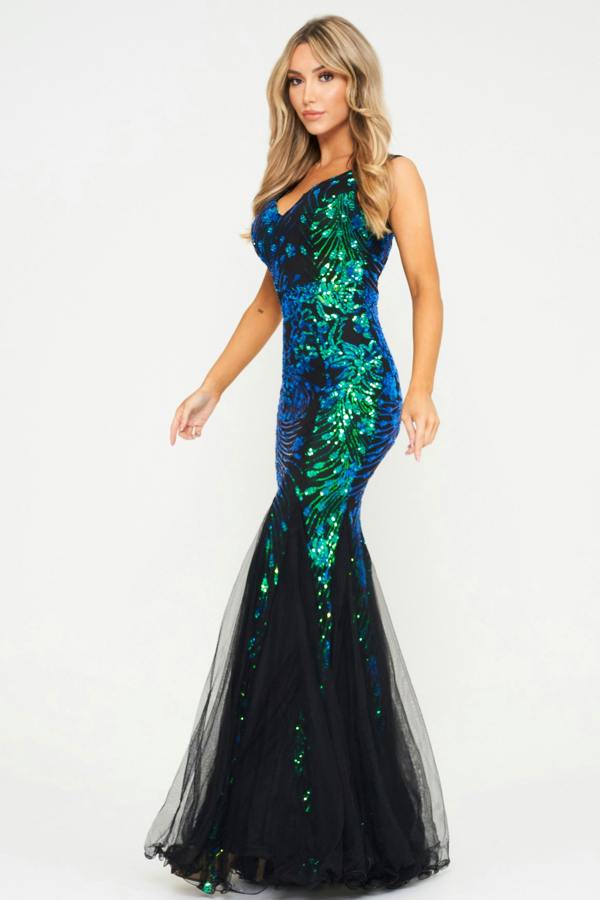 LuvForever Seren - Green Mesh Sequin Maxi Dress