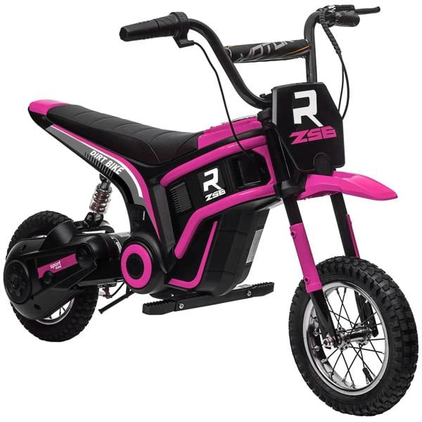 Pink and black kids electric motorbike with black seat and knobby pneumatic tires