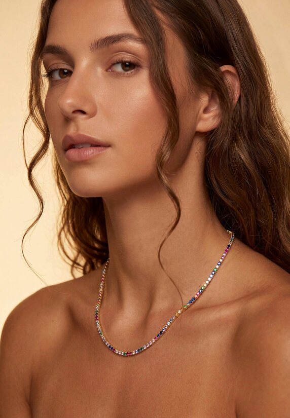 Latelita Tennis Necklace Vibrant Rainbow Cz Gold