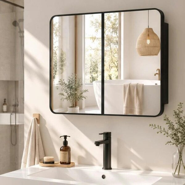 76.2 x 11.6 x 61 cm Bathroom Mirror Cabinet, Wall Cabinet with Adjustable Shelves, Wall-Mounted or Recessed, Black