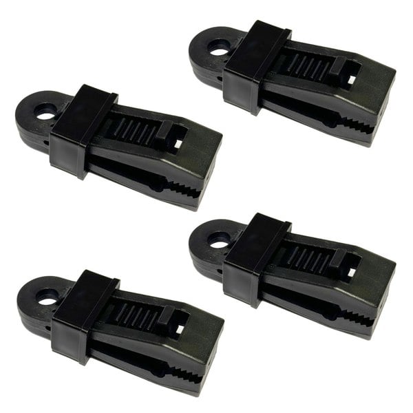 Image of 4 Tent Groundsheet  Pegging Clamps Pack from OLPRO, out of packaging on a white background.