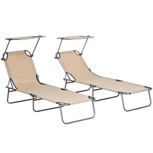 Beige foldable sun lounger set with adjustable 4-position backrest and gray metal frame