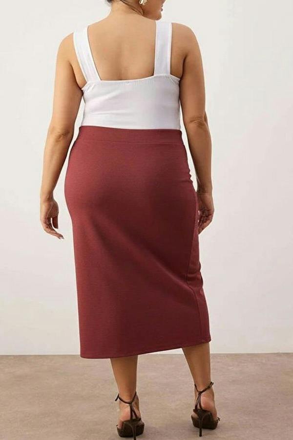 WOVCOR Slit Detail Knitted Stretch Fabric Plus Size Midi Skirt