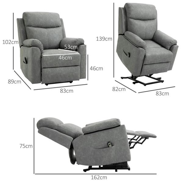 Grey electric riser recliner chair with size diagram and extended footrest