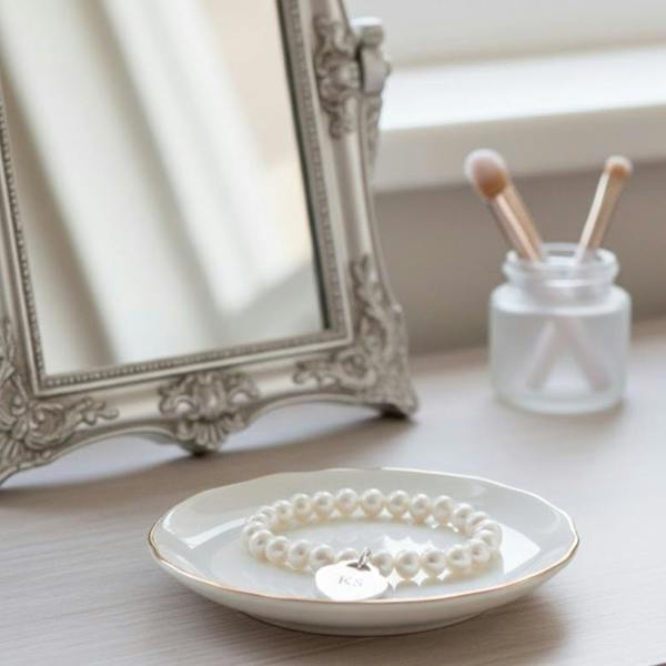 A personalised white pearl bracelet with an engraved silver-plated heart charm displaying the initials KS on a small white ceramic dish.