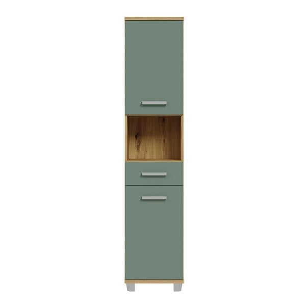 Furniture To Go Veris Tall Narrow Bathroom Cupboard with 2 Doors & 1 Drawer in Artisan Oak and Sage Green