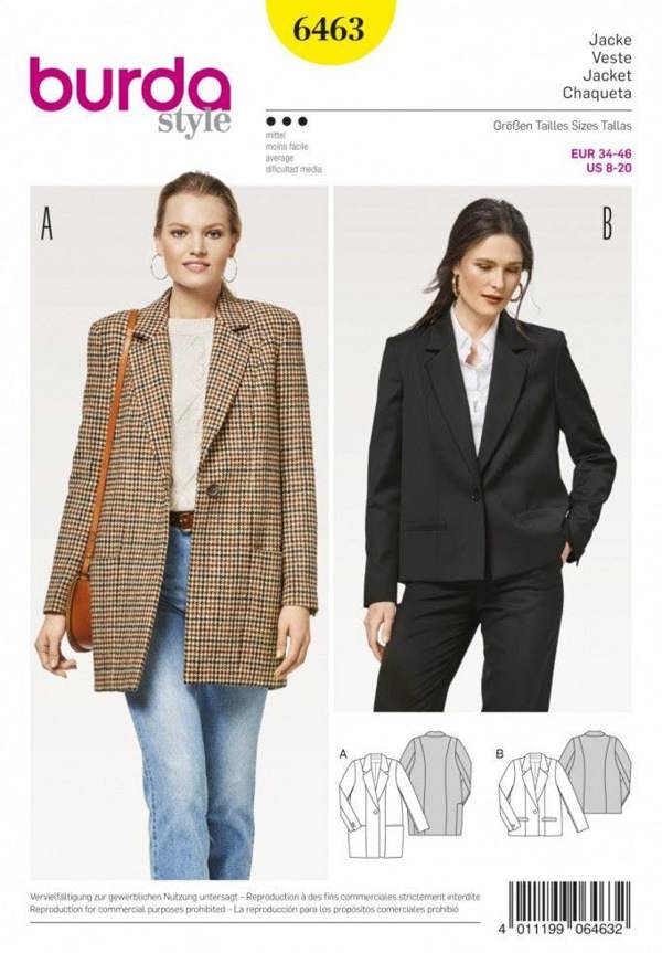 Burda Sewing Pattern 6463 Jackets For Women, 8 to 20 - Intermediate
