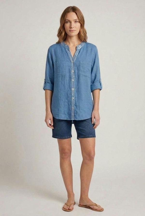 Blue | Sequin Trim 3/4 Sleeve Relaxed Shirt