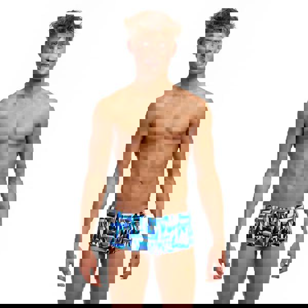 Funky Trunks Boys Polar Caps Sidewinder blue swim trunks with geometric pattern and elastic leg opening