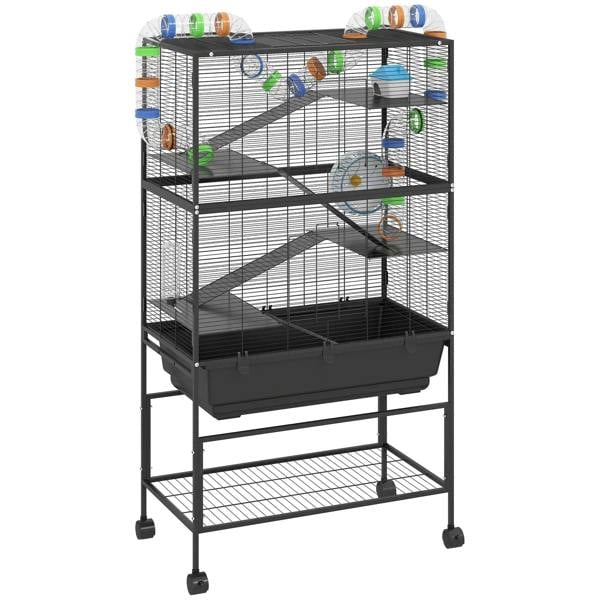 Black 5-tier metal hamster cage on wheels with 17cm tray and storage shelf
