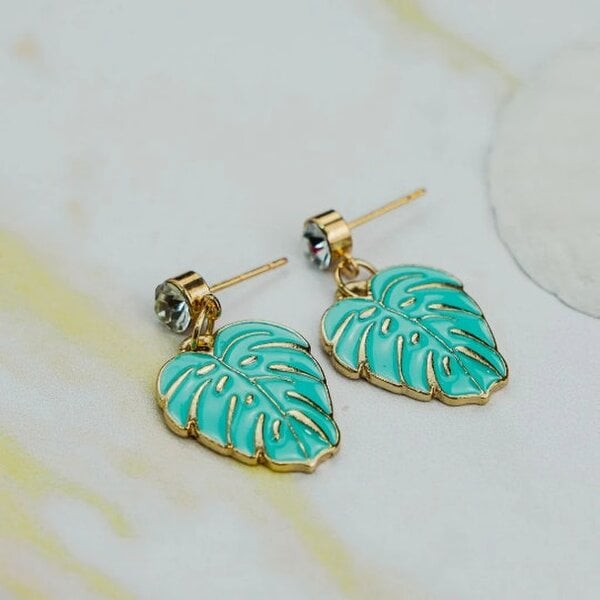 The Colourful Aura Green Tropical Feather Leaf Zircon Charm Dangle Drop Stud Statement Earrings