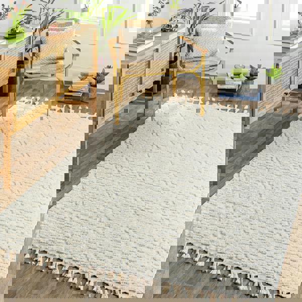 Livabliss Nora-Geometric Grey Ivory High Pile Fringe Rug