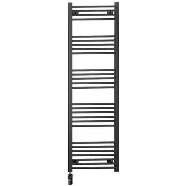 MYHOMEWARE 450 x 1600 mm Matt Black Electric Bathroom Towel Rail Radiator Heater With AF Thermostatic Electric Element Pre-Filled