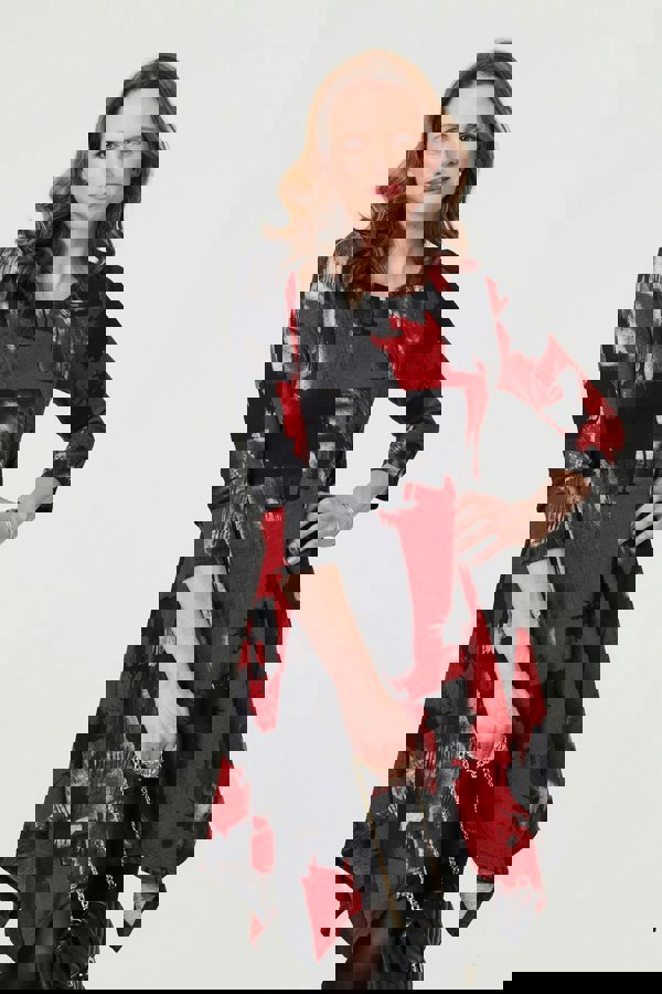 Red | Abstract 3/4 Sleeve Hanky Hem Dress : 5'9"/175 cm and wears UK10/EU38/US6/AUS10