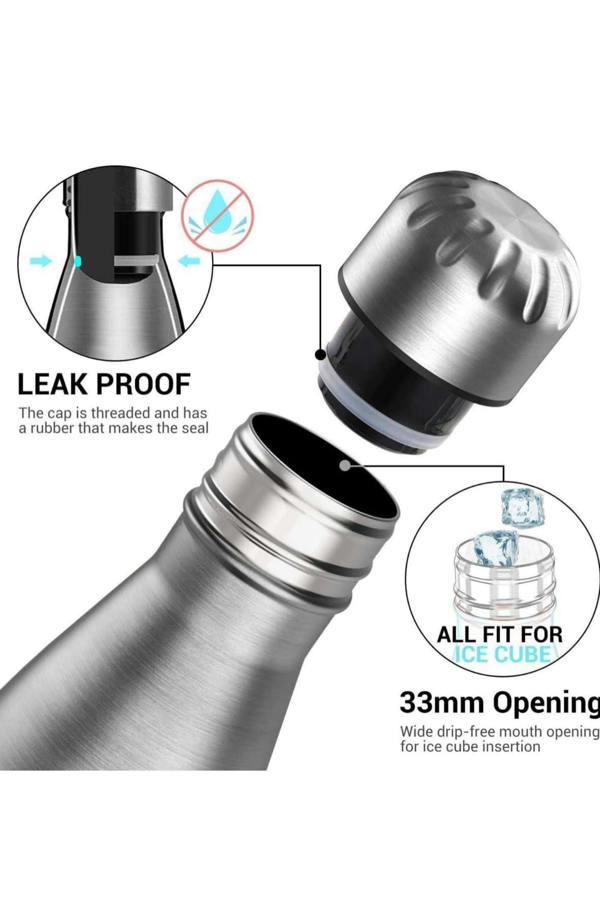 Dyzi 500ml Stainless Steel Water Bottle Leak Proof BPA Free Silver