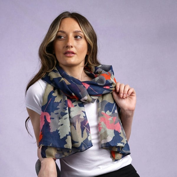 Antonia York Leaf Scarf | Hannah Large Light Weight Gauzy Wrap Recycled Polyester Blue Sage Pink