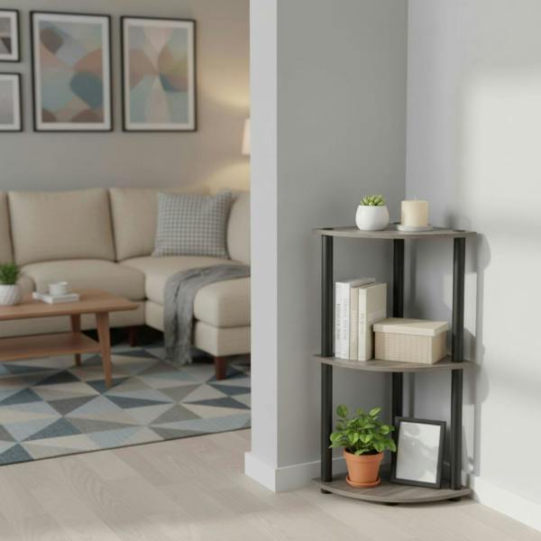 WALPLUS Contemporary Turn-N-Tube 3-Tier Corner Display Rack Multipurpose Shelving Unit, French Oak Grey/Black for Living Room