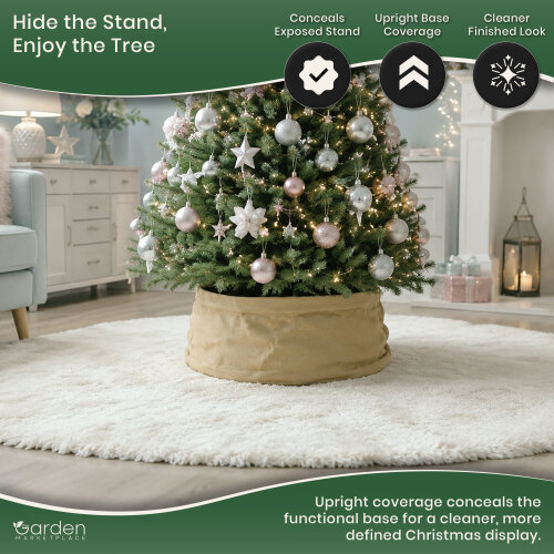 Pop Up Hessian Christmas Tree Skirt in Natural Colour Hessian, Sprung Steel Pop-Up Design, Fits 1.5–2.1m Trees, 56cm x 25cm